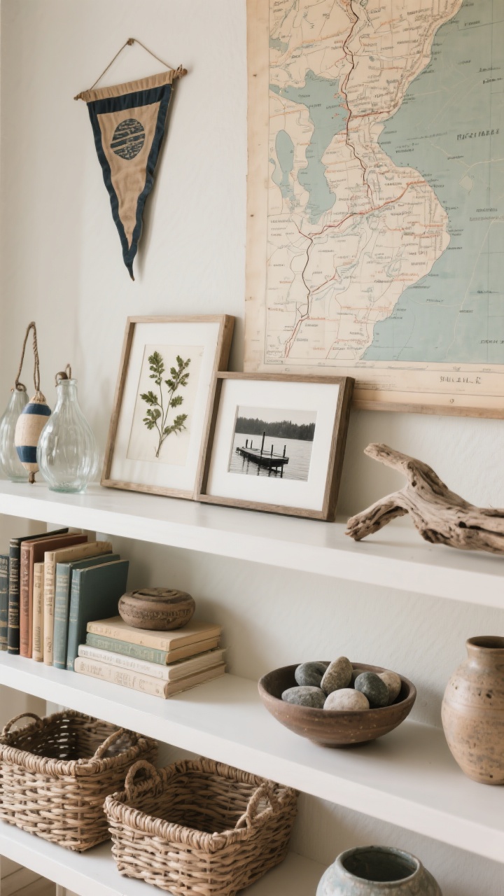Detail shelf vignette: curated lake-life art and accents without kitsch—large vintage topo map of a lake in muted tones as backdrop, a vintage pennant, pressed botanical in a frame, and a small framed black-and-white dock photo; layered shelves with muted-color books, baskets, glass fishing floats, a few handmade pottery pieces, and a bowl of smooth stones with a piece of driftwood; soft indirect daylight, overhead three-quarter shot.