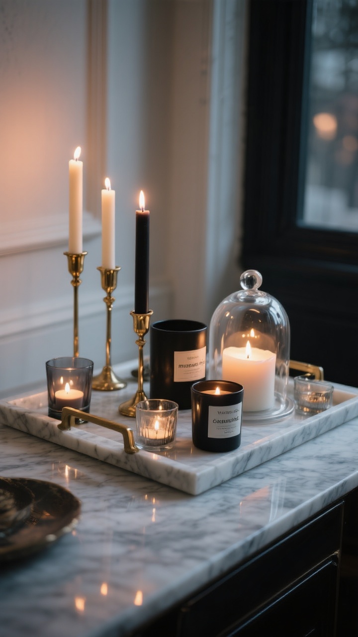 Detail shot, corner angle: A curated candlelight vignette on a marble slab within a tray—mixed heights with tall brass candlesticks holding slender tapers, medium matte black pillar candles, and low tea lights in smoky glass votives tucked around them. Include a small glass cloche over one LED flameless candle to suggest “museum chic,” with realistic warm flicker reflections on the marble. Lighting is dim, evening ambiance with warm white glow; scents implied by labeled candles: woodsy pine, cardamom, smoky vanilla. No people, photorealistic wax detail and soft reflections.