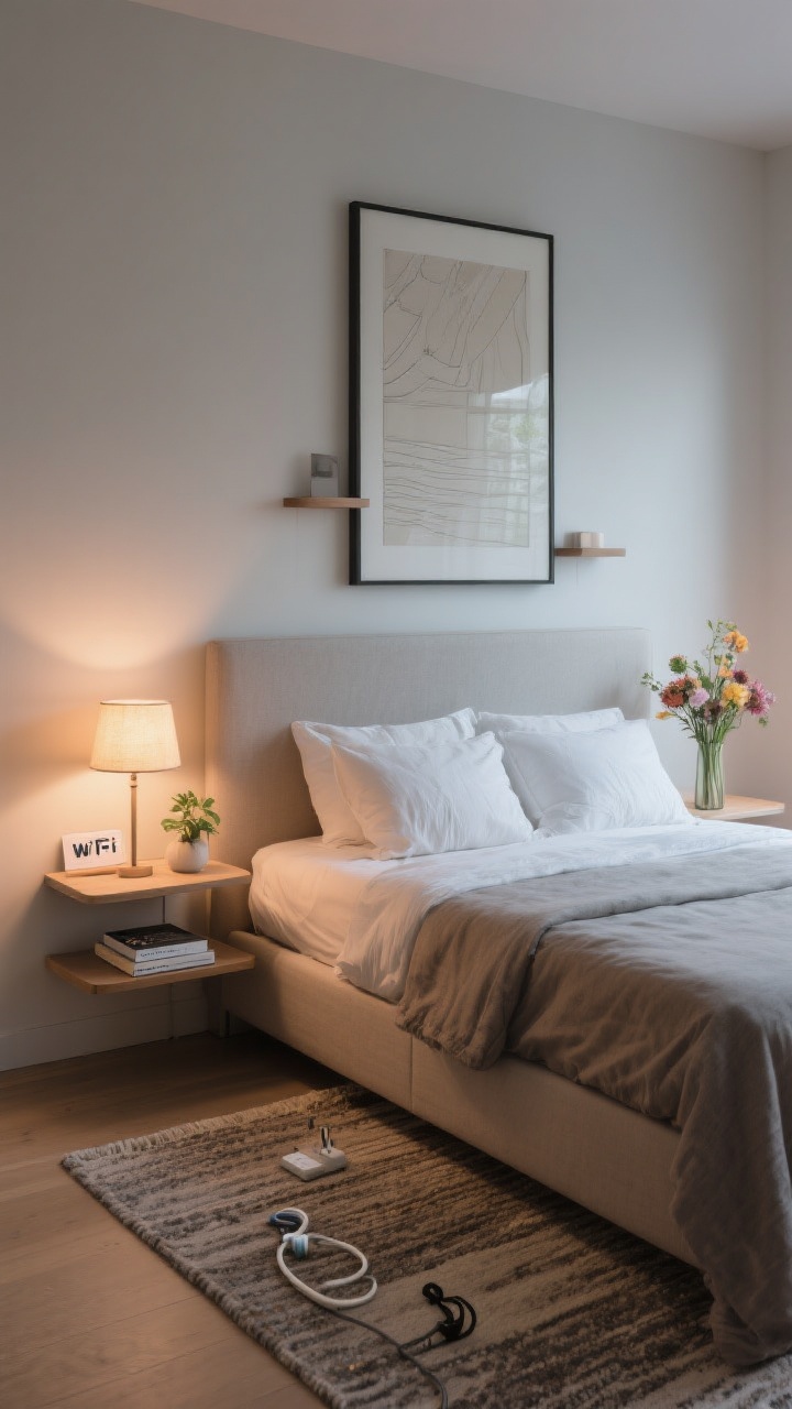 Detail shot highlighting personality and edited styling: one large-scale art piece over a tall, slim headboard as the focal point, tiny floating shelves acting as minimalist nightstands styled with three items max—warm bedside lamp, a single book, and a small plant; fresh flowers in a slim vase add life; a clearly labeled Wi‑Fi card and a universal charger cable discreetly corralled with clips; low-pile 5x8 rug under the front two-thirds of the bed; soft, cozy evening lighting for a curated, calm vibe, captured straight-on for graphic impact