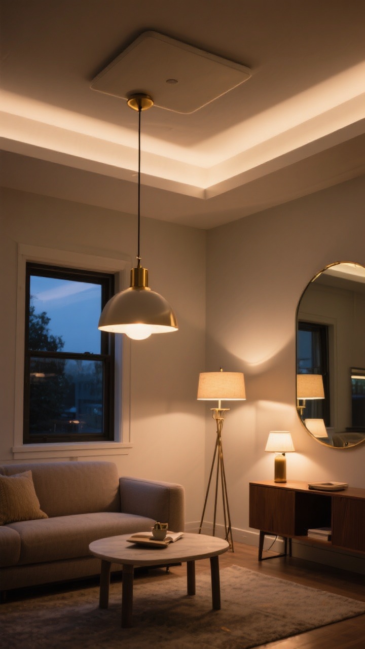 Detail shot: Layered lighting composition—ambient flush-mount ceiling light, a dimmable pendant centered over a small dining table, and a brass reading floor lamp by the sofa; a large mirror placed opposite a window subtly reflecting the pendant’s glow to bounce light and enlarge the space; small table lamp on a console adding cozy accent lighting; warm, inviting evening scene with visible light layering, angled perspective, photorealistic.