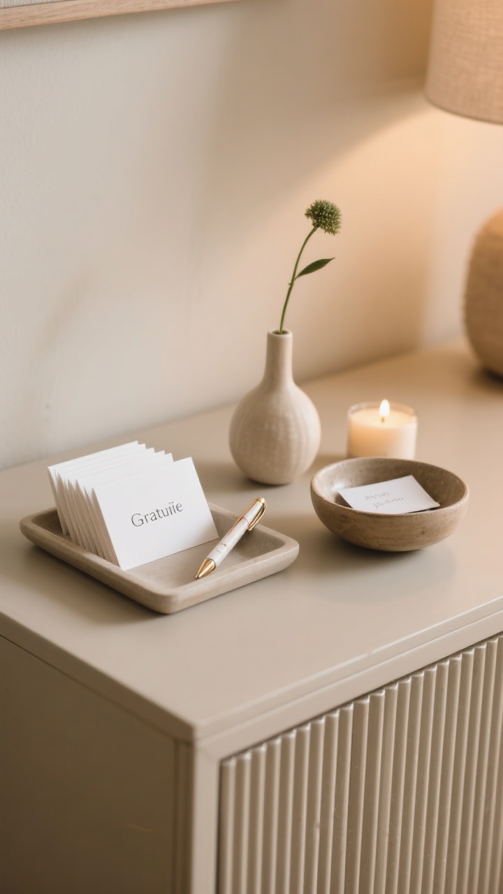 Detail shot of a gratitude station on a sideboard: a simple tray holding blank cards, a pretty pen, and a small bowl for collected notes; a bud vase with a single stem and a mini candle completing the scene. Neutral, warm setting with soft ambient light, minimal and meaningful, no clutter.