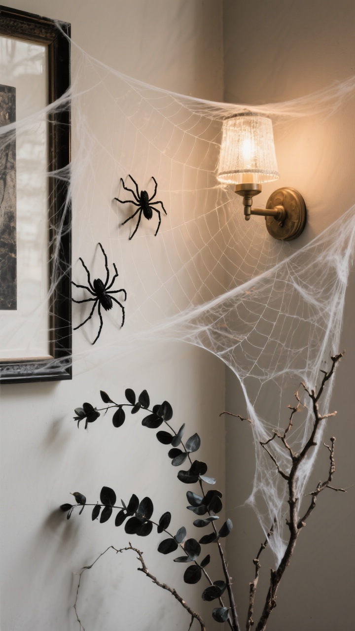 Detail shot of chic faux cobweb styling: ultra-thin, carefully stretched cobwebs draped across a corner where a wall sconce and framed artwork meet, avoiding wet areas; one or two large realistic spiders placed strategically, not crowded; paired with stems of black eucalyptus or sparse dried branches for elegant decay; matte neutral wall, warm sconce glow skimming textures, refined and restrained.