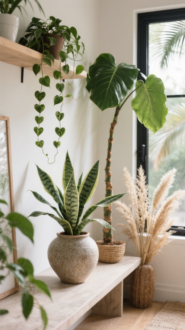 Detail shot of greenery and natural accents on a shelf and corner: a low-maintenance snake plant and pothos, a trailing string of hearts cascading from a wall shelf; a statement rubber tree adding height near the window; alternative dried palms and pampas grass arranged in a chunky ceramic vase. Textural focus, soft morning light filtering through, crisp photorealism, overhead-to-oblique angle capturing leaves and vase texture. No people.