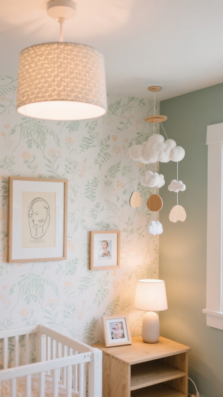 Detail shot of personality layers: an accent wall with peel-and-stick wallpaper in soft botanical pattern; a lightweight gallery arrangement mixing a vintage illustration, simple line art, and a small framed photo; a sculptural mobile of felt clouds and delicate wood shapes hanging securely out of reach; nearby a dimmable ceiling fixture with a subtle patterned shade and a soft-glow table lamp. Warm bulbs at 2700–3000K create inviting, modern nursery ambiance.