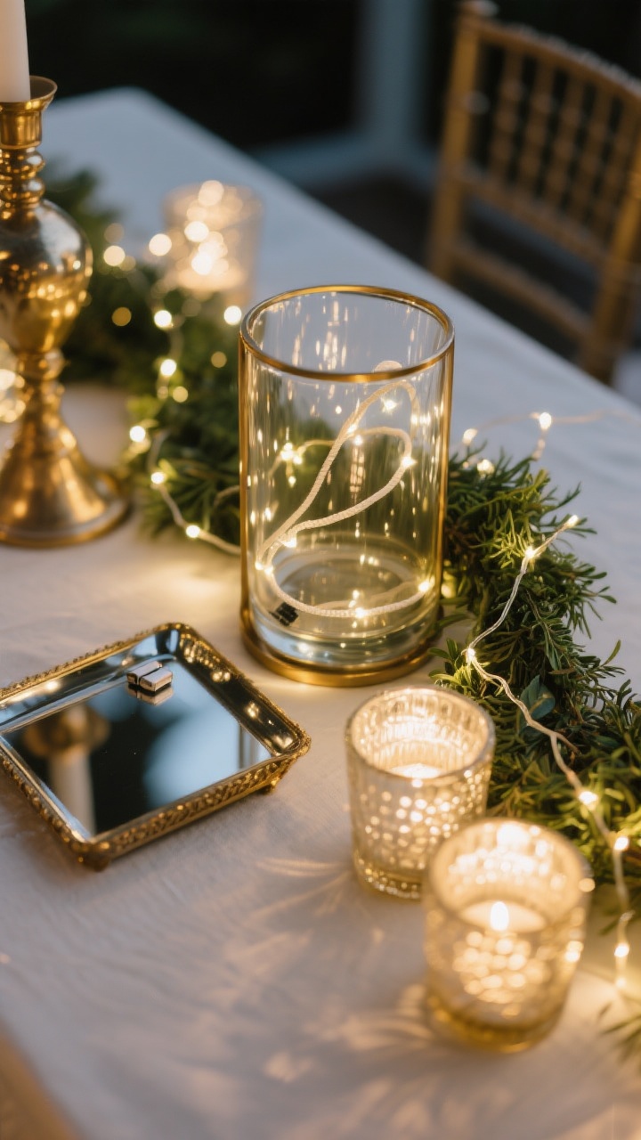 Detail shot, overhead: A sparkle-forward arrangement with micro warm-white fairy lights woven subtly through a slim greenery garland and tucked into a glass hurricane, cords hidden. Add layered metallic accents in warm tones—brass, antique gold, and champagne—via a small mirrored tray and mercury glass votives to bounce light. The overall glow is soft and inviting, clearly warm white (not cool). Batteries discretely accessible. Evening setting with reflective highlights and gentle bokeh from the lights, no people.