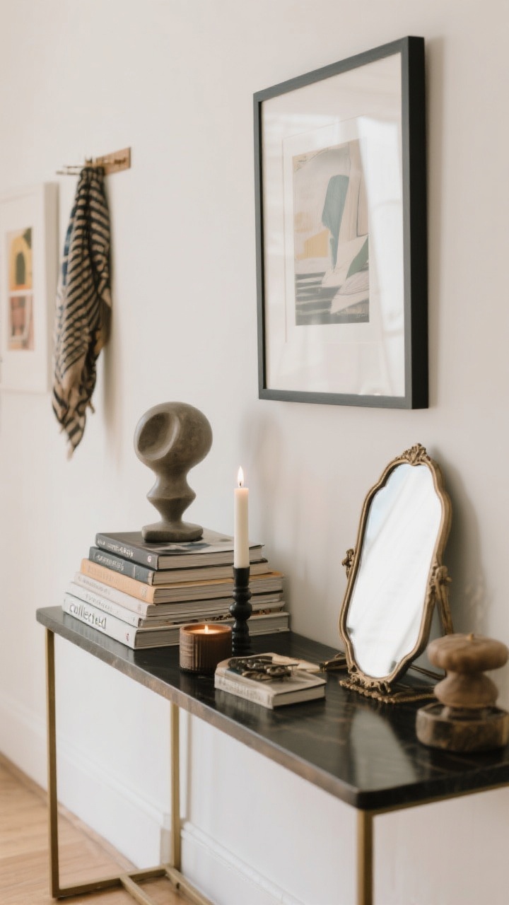 Detail shot, overhead and slightly angled: A styled console vignette showing a “collected” look—stacked art books, a sculptural object, a candle, and a small vintage mirror leaning; on the wall above, one oversized framed print anchors the composition; mixed media visible nearby with a framed textile or scarf; use of removable hanging strips implied by clean, rental-friendly walls; soft natural light, photorealistic.