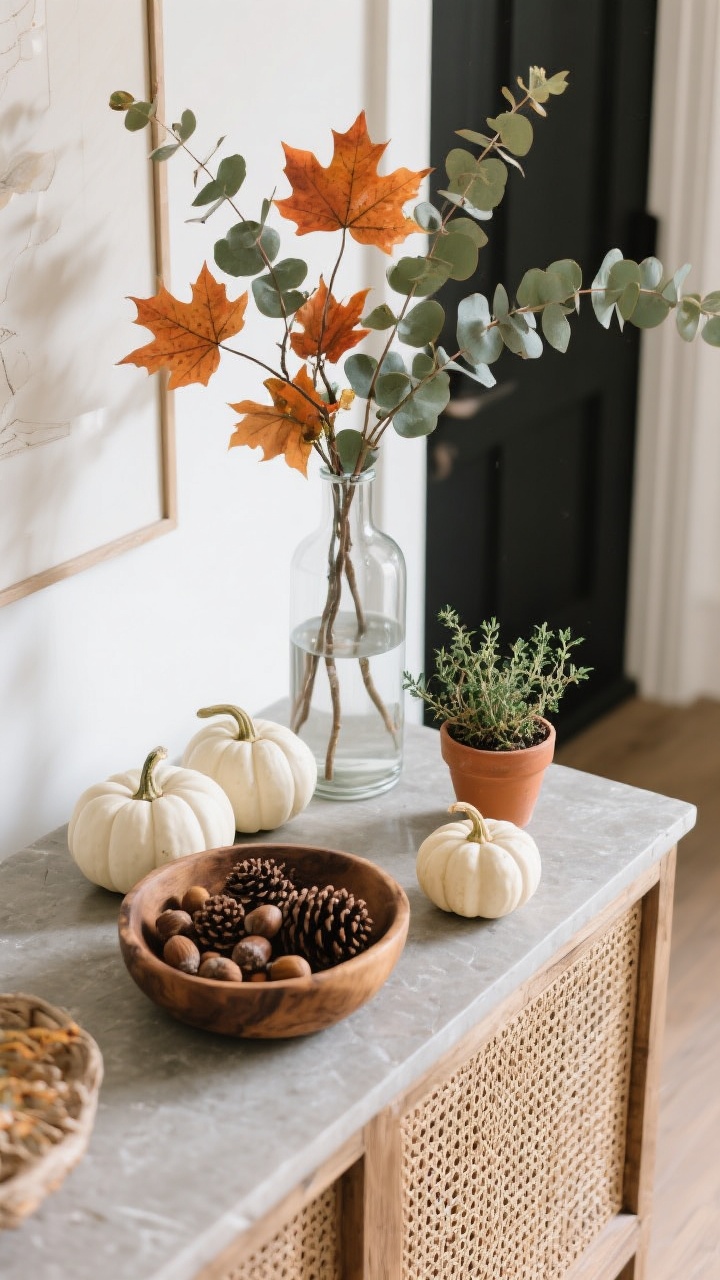 Detail shot, overhead angle: Nature-forward fall vignette on an entry table. A tall clear glass vase filled with real maple branches and eucalyptus, adding height and movement. Cluster of three mini white pumpkins and two small gourds arranged in odd numbers beside a raw wooden bowl filled with pinecones and acorns; a tiny thyme plant in a terra-cotta pot adds fresh green. Surfaces mix smooth ceramic, matte stone, woven rattan, and raw wood for tactile contrast. Palette options guiding the scene: terracotta, cream, olive (classic) or ivory, taupe, black with a pop of sage (minimal). Soft daylight with gentle shadows, photorealistic, no people.