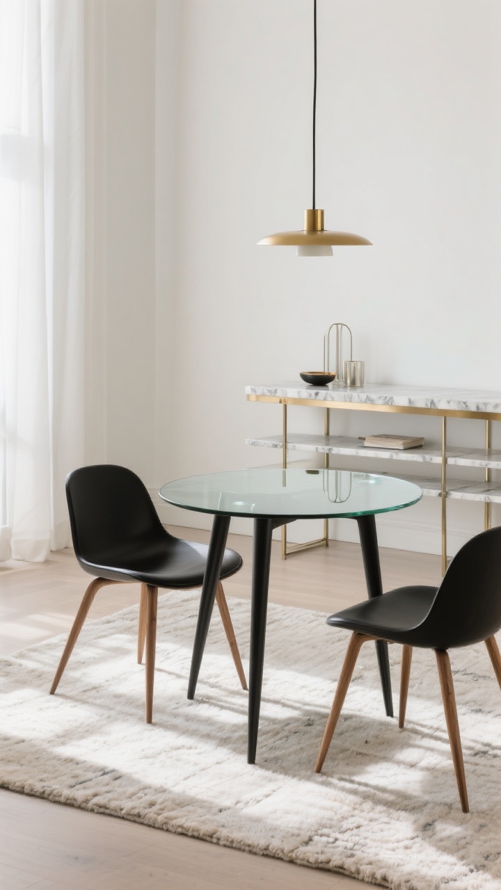 Detail/three-quarter medium: Airy furniture edit featuring leggy dining chairs with tapered wood or slender black metal legs around a glass-top round table, light streaming through to the area rug below. A slim marble-topped console with open-base shelving sits against the wall, holding a few neatly styled items. Consistent metal finishes (brass or black) across chair frames and light fixture for a curated look. Clean lines, reflective surfaces, and negative space under all pieces to keep the room visually light.