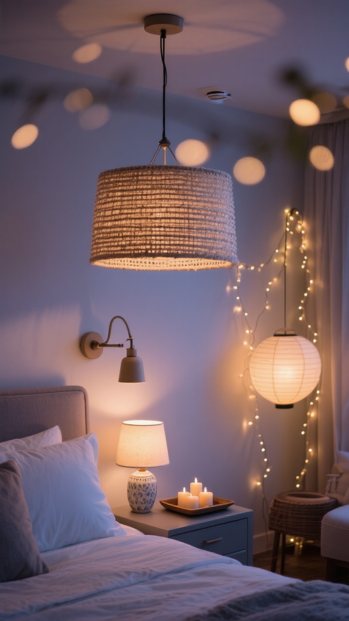 Detail-to-medium shot showcasing layered lighting for mood: a woven pendant or fabric drum shade as ambient light overhead on a dimmer; swing-arm sconces or tiny ceramic table lamps at the bedside for task light; delicate string lights and a paper lantern in the background for accent, plus candles on a tray. Dusk lighting with dim, flattering glow, bokeh from accents, photorealistic, angled view toward the nightstand and headboard. No people.