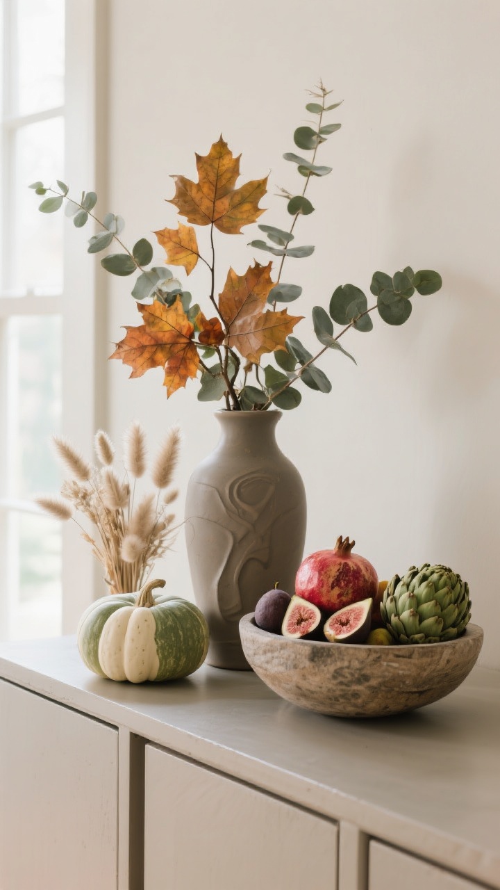Detailed closeup: Nature-forward fall arrangement on a credenza—tall matte ceramic vase holding sculptural maple and eucalyptus branches; beside it, a textured stone or wood bowl filled with pomegranates, figs, and an artichoke for color and heft; a small bundle of dried pampas and bunny tails nearby. Include one heirloom pumpkin in muted green or creamy white. Neutral background, restrained styling, no glitter; soft morning window light; straight-on tight crop emphasizing organic forms and textures.