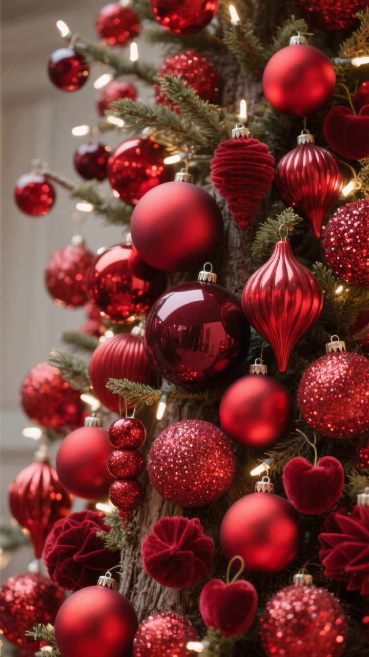 Detailed closeup of a tree section showing an all-red monochrome ornament palette with mixed finishes: 60% matte red baubles, 30% glossy lacquer red, and 10% specialty sparkle/glitter and velvet/ flocked pieces. Include round, onion, and finial shapes repeated intentionally. Larger burgundy ornaments are nestled deeper near the trunk to create a shadow gradient; smaller cherry and cranberry reds sit at the branch tips. Warm white lights if the scene skews warm (cranberry/merlot tones), or cool LEDs if using cherry/ruby—choose one scheme and make it consistent. Shot focuses on finish contrast, depth, and intentional repetition, no people, photorealistic.