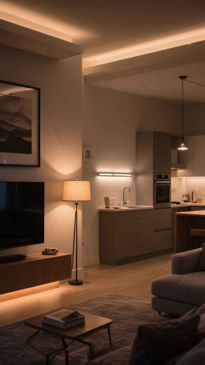 Evening interior, medium-wide: Layered lighting plan in action—ambient glow from a dimmable floor lamp, task lighting from a focused reading lamp and under-cabinet LED strips in the kitchen, and accent lighting from a slim picture light over framed art plus an LED strip behind the TV; bulbs at 2700–3000K warmth in living zone and slightly cooler 3500–4000K in the kitchen; warm, cinematic mood with gentle pools of light, photorealistic.