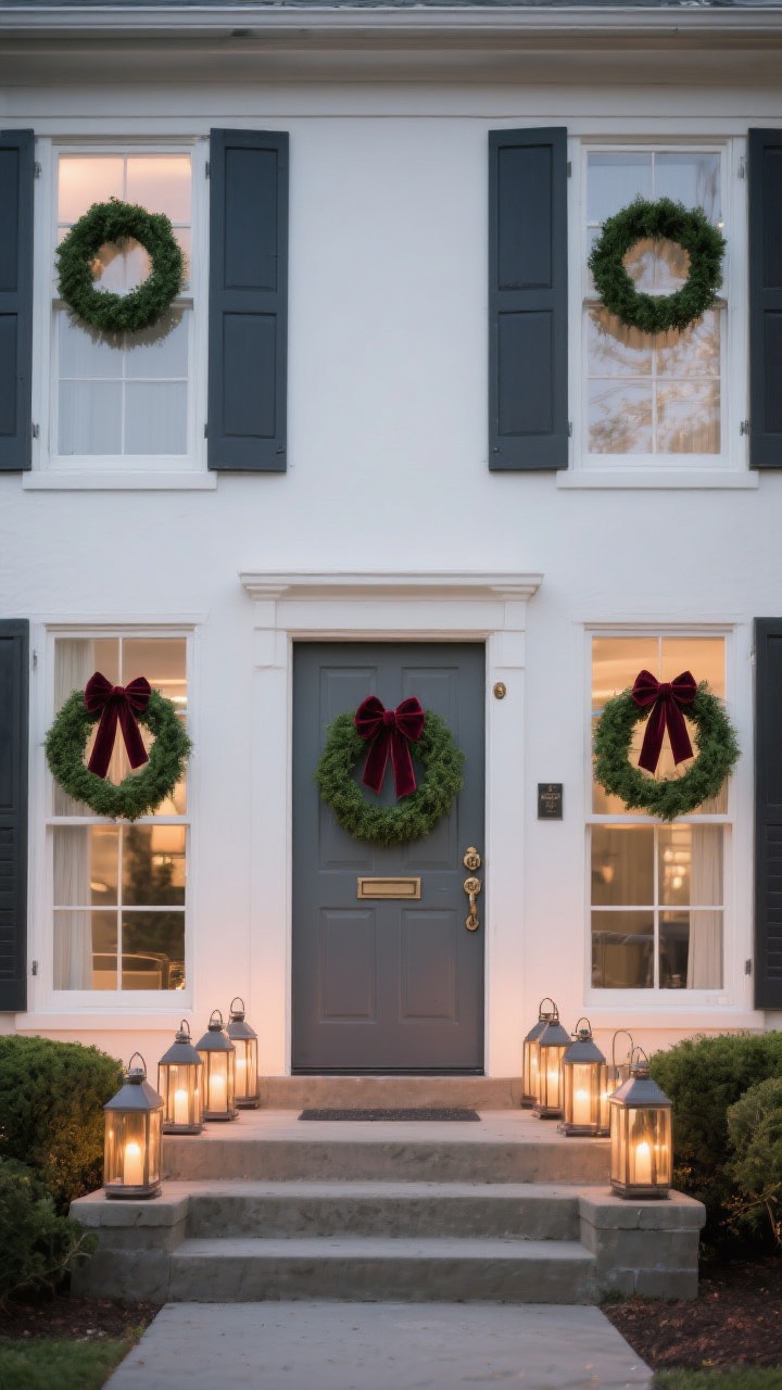 Exterior front door and window vignette, straight-on: simple boxwood wreaths with single-color velvet ribbon (deep green or burgundy) hung identically on each window; a minimal, clean wreath on the modern front door; a vintage-style door knocker bow; a row of lanterns on the stoop casting a warm dusk glow; crisp lines, no glitter or extra picks; photorealistic.
