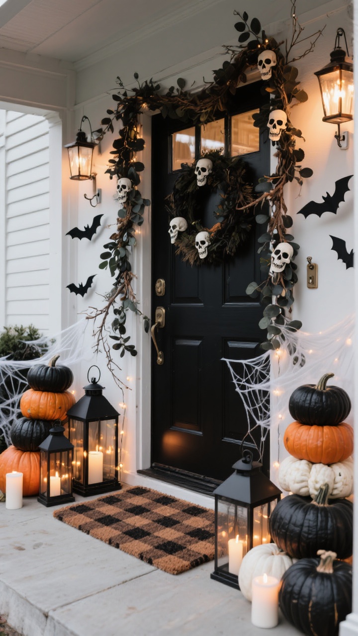 Medium, angled porch entry shot capturing a dramatic statement doorway: layered doormats with a plaid base rug under a Halloween mat; a clustered arrangement of lanterns in mixed heights filled with LED candles and subtle fairy lights, a light dusting of faux cobwebs; a door garland wrapping the frame with matte-black eucalyptus, dried branches, and mini skulls, with paper bats “flying” outward; stacks of real and faux pumpkins in odd numbers, some painted matte black and bone white for contrast; command hooks visible subtly securing garland and bats; overall spooky-chic palette of black, bone, and warm candlelight.