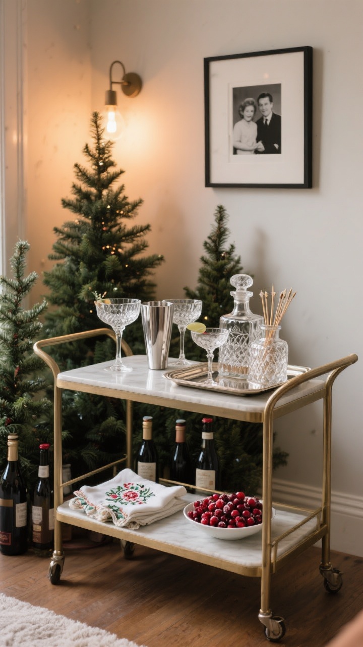 Medium bar cart scene, three-quarter angle: mid-century bar cart styled with a cut-crystal coupe set, silver cocktail shaker, tray with decanters, vintage cocktail picks, embroidered napkins, and a small bowl of sugared cranberries; a mini forest of bottle brush trees arranged at the back but leaving functional mixing space; a small framed black-and-white family photo; warm ambient holiday lighting, photorealistic.