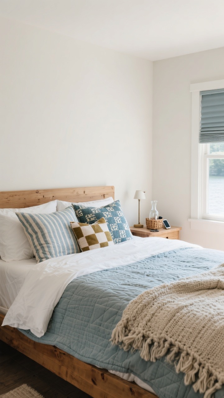 Medium bedroom scene: calm, snuggle-worthy lake house bedroom with matte off-white walls and natural wood bed; layered bedding—crisp white percale sheets, a lightweight quilt in muted dusty blue, and a chunky knit throw at the foot; patterned pillows in classic stripes, gingham, and block prints in dusty blues, moss, and clay; blackout shades discreetly fitted; nightstand with a small reading lamp, glass carafe, and a basket for phones; soft morning light, corner angle.