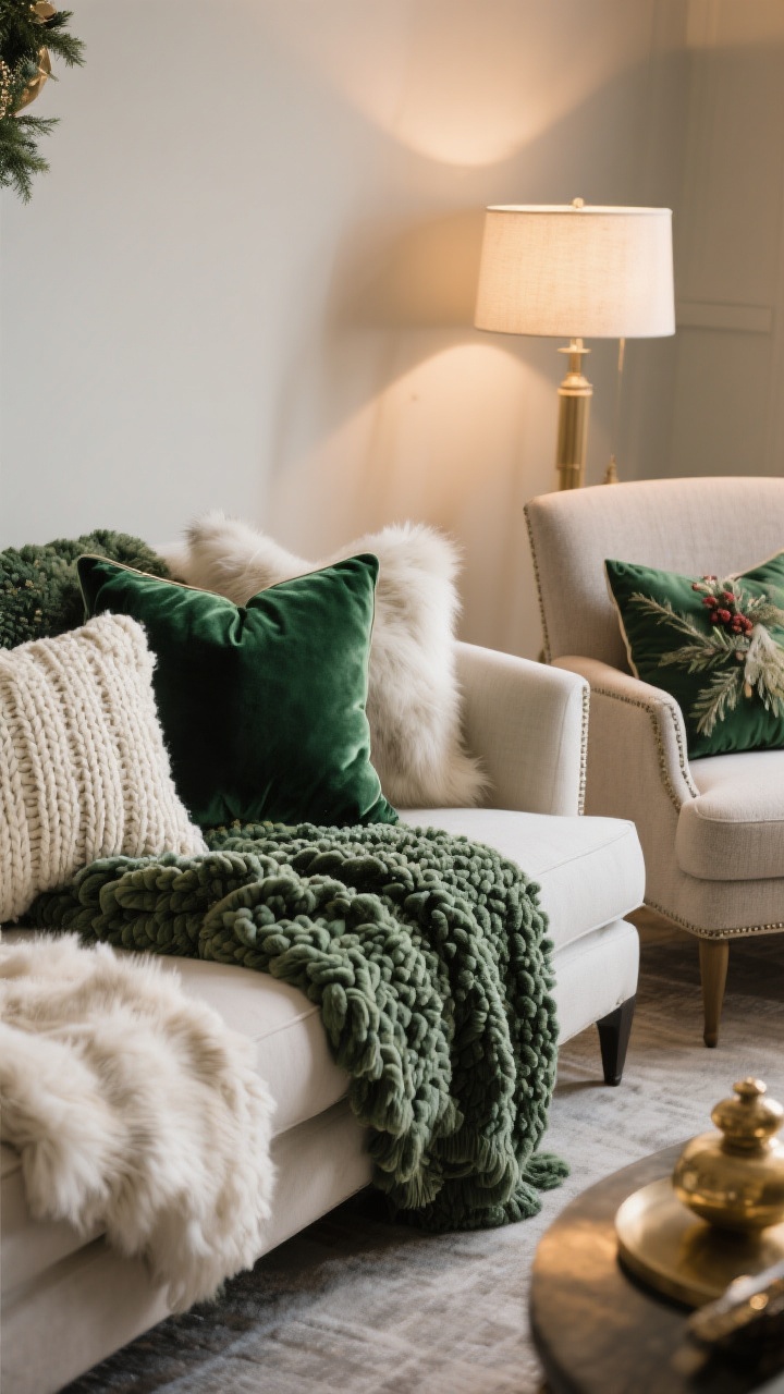 Medium closeup of a sofa styled with cozy holiday textiles: mix of boucle, velvet, chunky knits, and faux fur pillow covers in a palette of forest green, ivory, and brass accents; a plush throw layered over an adjacent armchair with a seasonal lumbar pillow; neutral backdrop, soft warm lamp light emphasizing fabric textures and a high-end, edited feel.