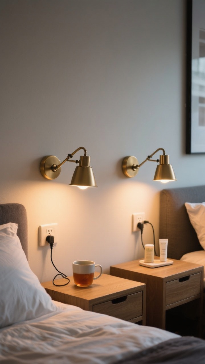 Medium closeup of wall-mounted lighting freeing surfaces: matching plug-in swing-arm sconces in matte brass flanking the bed, warm 2700–3000K bulbs casting cozy light; nightstands cleared for a mug of tea and skincare; adjustable arms positioned for reading; visible cord management for a renter-friendly setup; evening glow, intimate ambiance