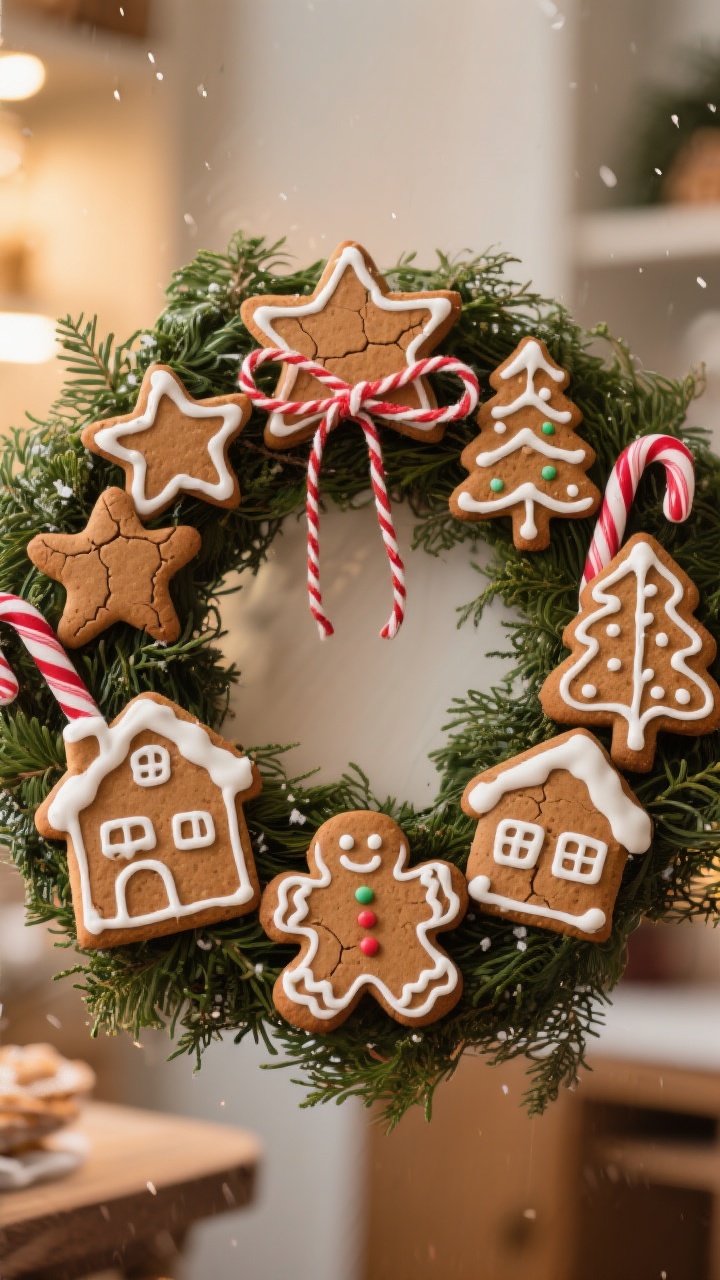 Medium closeup, straight-on of an edible gingerbread wreath over a simple greenery base; sturdy gingerbread stars, houses, and trees tied with red-and-white baker’s twine; crisp white royal icing piping details; optional candy canes tucked in; lightly sealed sheen on cookies to suggest weather protection; warm, cozy indoor lighting with a hint of bakery ambiance; photorealistic icing texture and cookie surface cracks