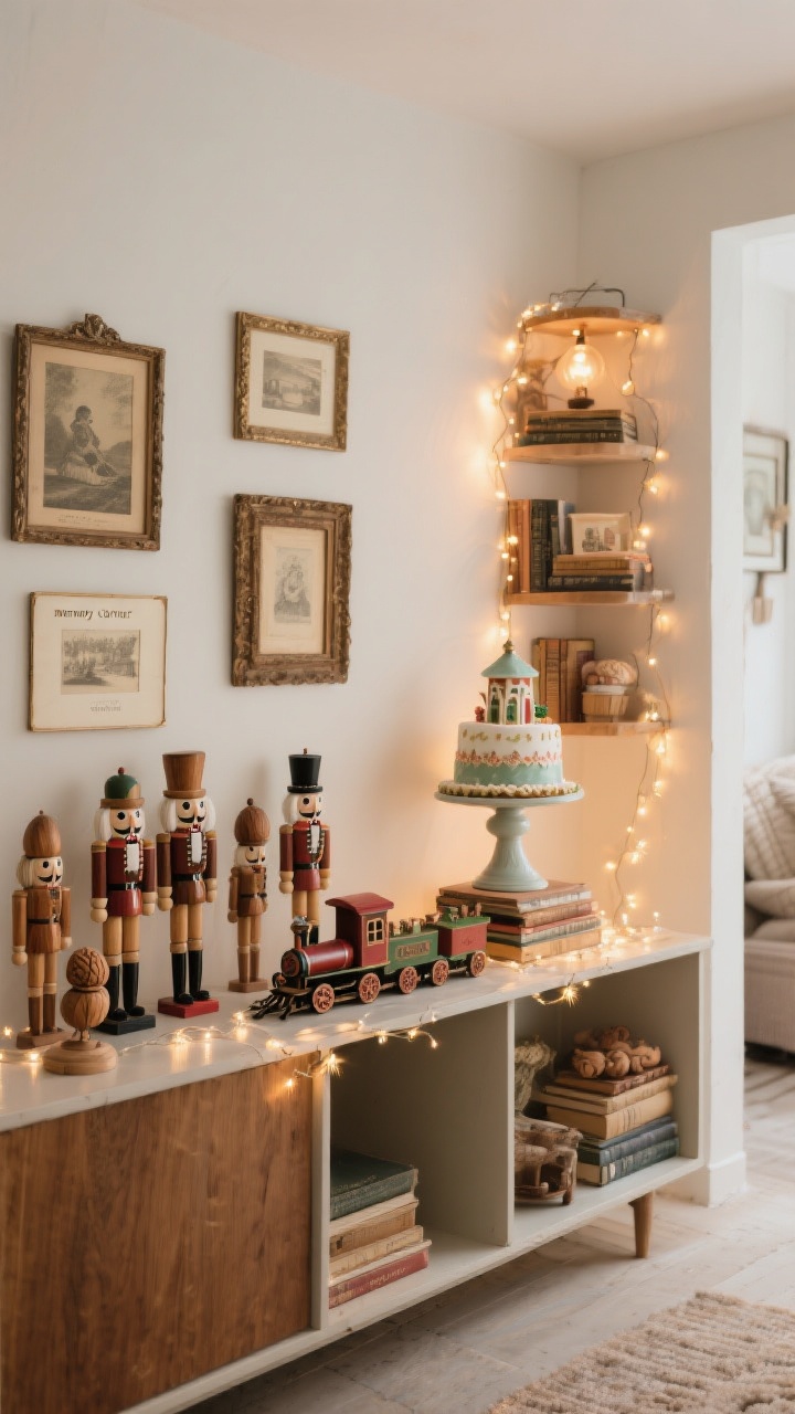 Medium console styling, side angle: a “memory corner” composed of heirlooms grouped by theme—wooden nutcrackers together, a small vintage toy train arrangement, and a slightly crooked ceramic village elevated on cake stands and stacked books for varied height; warm fairy lights woven throughout for a soft glow; tiny printed captions tucked behind frames; cozy, nostalgic lighting; photorealistic.