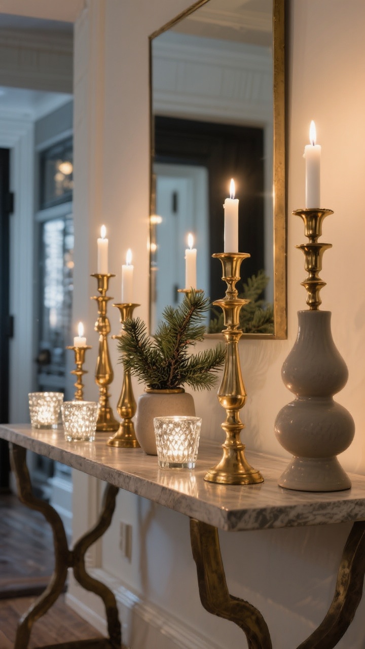 Medium console vignette: entryway console styled with staggered heights of vintage brass candlesticks and mercury glass votives, warm white LED candles flickering; an evergreen clipping in a small vessel; matte ceramic accents for contrast; evening ambient glow bouncing off brass and mercury glass for a soft old-world sparkle; photorealistic.