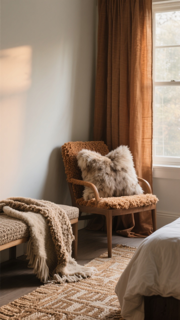 Medium corner shot focusing on tactile autumn textures: bouclé or sherpa pillows on a chair, a faux fur or wool throw draped across a bench, and a patterned jute-wool rug partially tucked under the bed; linen curtains or thick drapes in a warm tone framing the window; the composition highlights at least three textures—plush, woven, and smooth—with soft side lighting to reveal depth and weave; no people