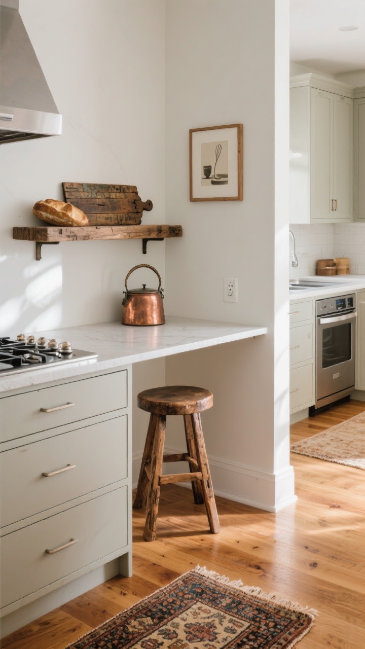 Medium corner vignette mixing vintage touches with modern function: a reclaimed wood floating shelf with antique breadboard and a patinaed copper pot, a rustic wood stool tucked by an island, a low-pile vintage-look runner on warm-toned engineered wood flooring; sleek induction cooktop and paneled dishwasher in the background; subtle art (simple still life) on the wall; hidden outlets under cabinets; soft-close drawers implied by clean fronts; daylight with gentle shadows; no people, photorealistic.