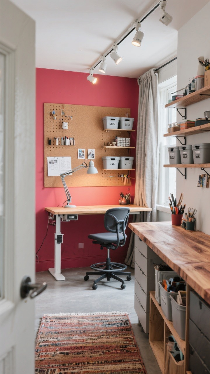 Medium/detail hybrid: A creative studio/office corner with a sit-stand desk under bright task lighting from an adjustable desk lamp and ceiling track lights with daylight bulbs, a bold-color accent wall behind a giant corkboard mood board, modular storage with pegboards, open shelving, and labeled bins; a long butcher block counter for crafting on the side, area rug and simple curtains softening acoustics, photorealistic, angled perspective from the doorway.