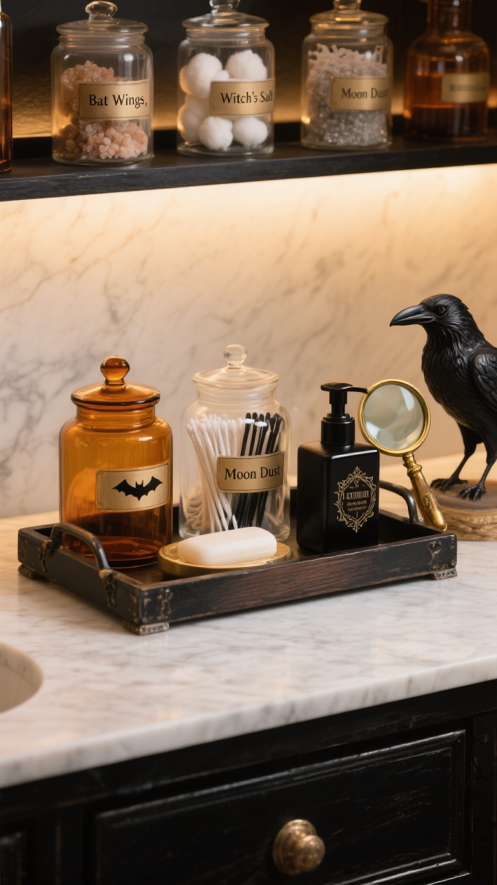 Medium detail shot of a styled apothecary countertop: amber and clear apothecary jars neatly filled with cotton balls, flossers, and bath salts labeled “Bat Wings,” “Witch’s Salt,” and “Moon Dust”; a raven figurine perched beside a brass magnifying glass; hand soap decanted into a matte black pump bottle with a gothic label; everything corralled on a dark wood or black metal tray; clean marble or quartz counter, warm ambient light.