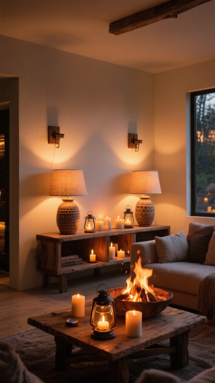 Medium evening interior: living area with campfire-inspired mood lighting—multiple light sources layered; warm LED bulbs at 2200–2700K casting an amber glow; textured ceramic and wood table lamps with linen shades, a pair of wall sconces dimmed, and several candles or rechargeable lanterns on a console; reflections of soft halos on matte off-white walls; cozy, intimate ambiance, three-quarter corner perspective.