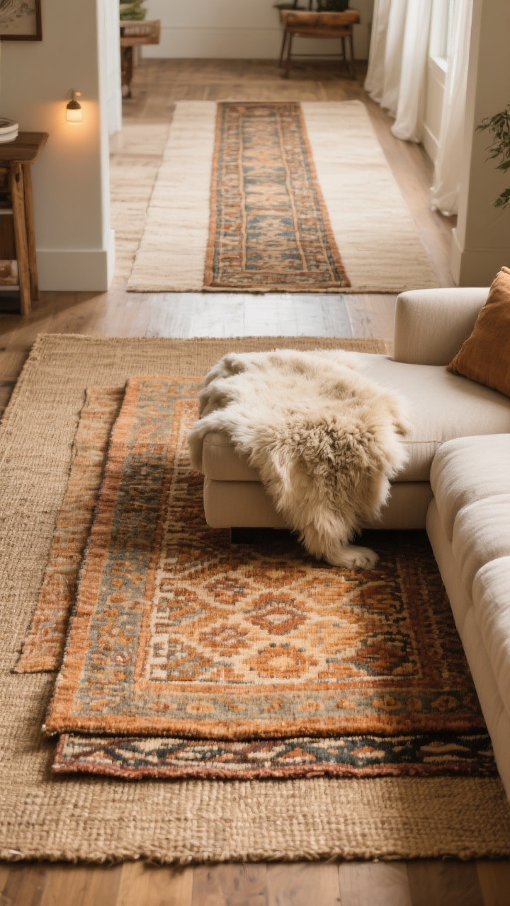 Medium floor-level shot emphasizing layered rugs for warmth: a large neutral jute rug under a patterned wool area rug in complementary warm hues; a plush sheepskin thrown in front of a sofa; at the far end, a vintage runner layered over a larger neutral area rug; cohesive color family, cozy mood with indirect warm lighting.