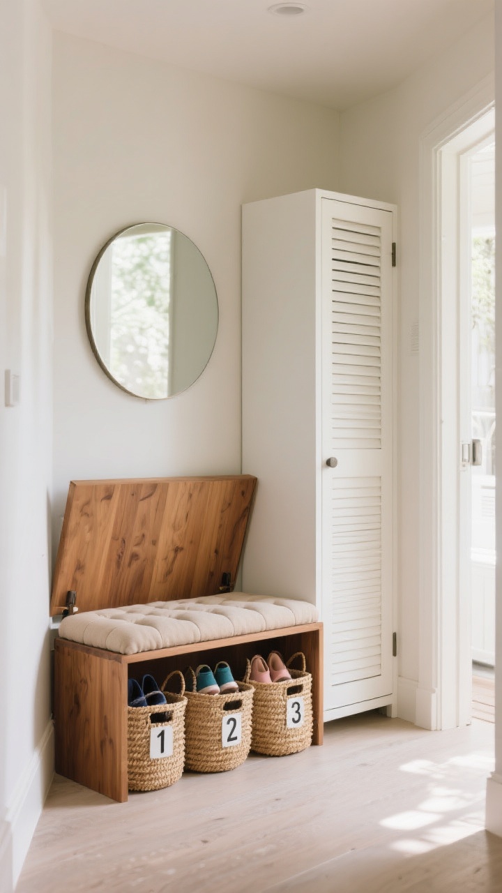 Medium hallway vignette: A flip-top storage bench in warm wood with a tufted neutral cushion on top, woven seagrass baskets beneath for individual kids, and a wall-anchored closed-door, slim shoe cabinet with slatted fronts for ventilation; mixed materials for texture—wood bench, woven baskets, matte white cabinet; baskets labeled with numbers “1, 2, 3” instead of names; a simple round mirror above the bench; soft ambient afternoon light, straight-on composition highlighting clean, hidden storage.