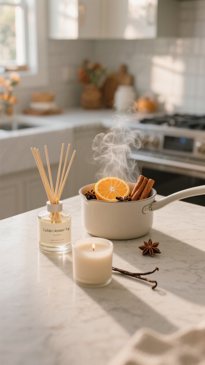 Medium kitchen counter vignette capturing subtle fall scent layering: a simmer pot in a simple saucepan with visible orange slices, cinnamon sticks, cloves, and star anise steaming gently; a reed diffuser labeled with cedar/amber/fig notes nearby; a small neutral kitchen candle (vanilla bean or oat milk) unlit to avoid overpowering. Clean, modern kitchen backdrop, warm morning light, understated and cozy.
