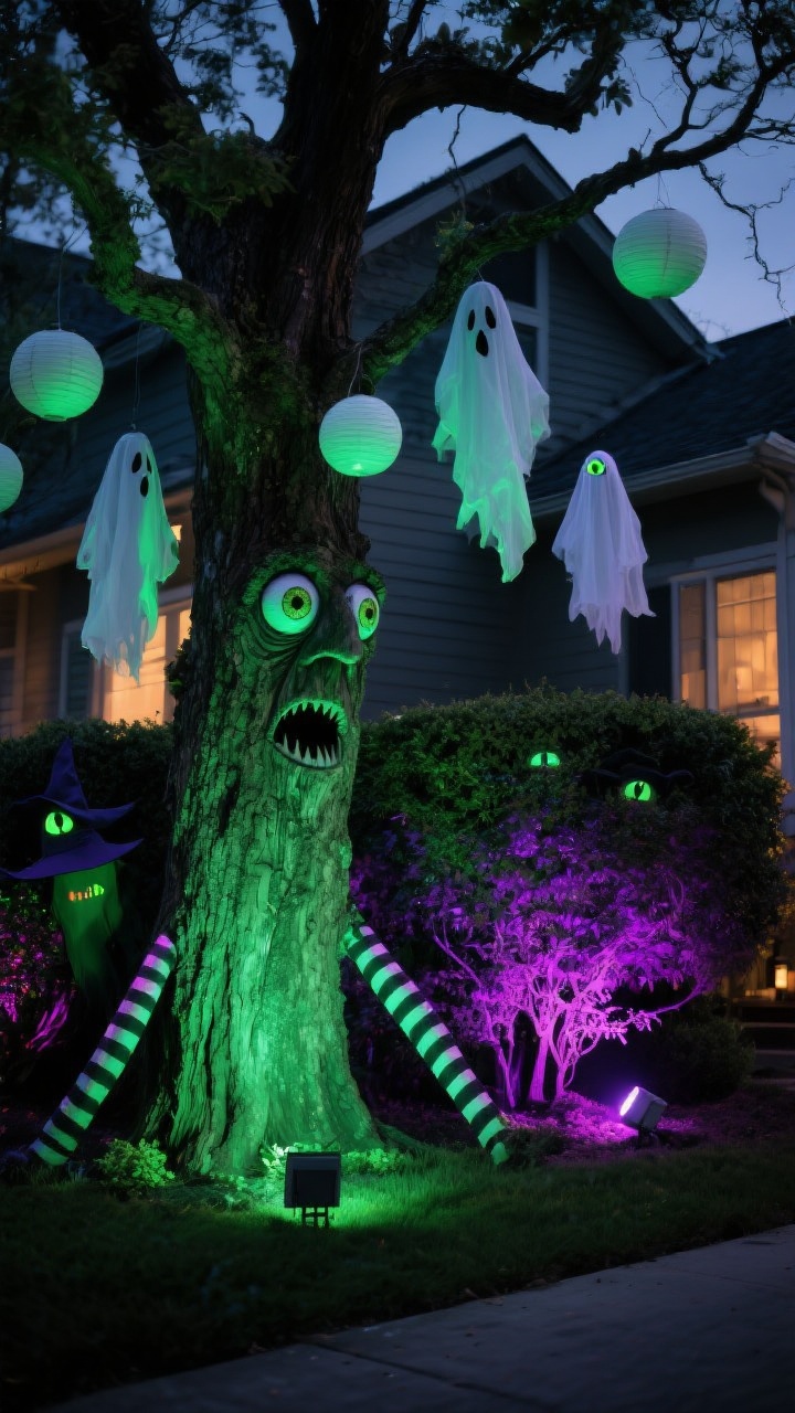 Medium landscaping shot animating trees and bushes: a large oak with resin eyes and a mouth affixed to the bark, uplights at the base throwing long, creepy shadows on the house; cheesecloth ghosts hung at staggered heights from branches over foam ball or paper lantern heads, gently drifting; glowing LED eyes peeking from dense hedges; a humorous “witch crash” with striped legs sticking out of a trunk; colored lighting unified to a single mood—eerie green or mystical purple—controlled by smart plugs set to turn on at dusk; textured foliage and atmospheric depth.