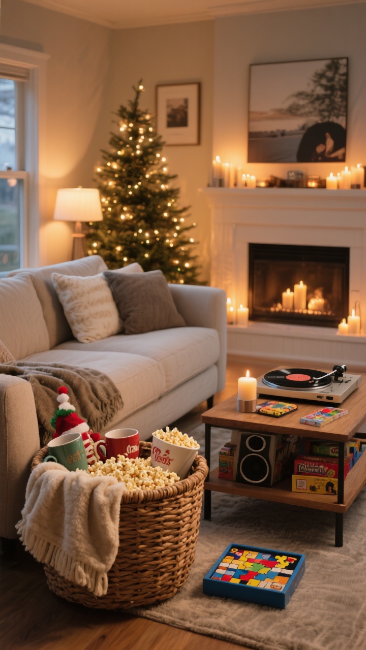 Medium living room scene set for ambience: a woven basket by the sofa filled with fleece throws, popcorn, and holiday mugs for movie night; a nearby basket with board games and a puzzle box creating a small game corner; a record player or speaker suggesting a playlist blend of classic crooners and modern chill; tree, mantle lights, and candles all switched on together to establish a nightly ritual; warm, cozy glow, no people, photorealistic.