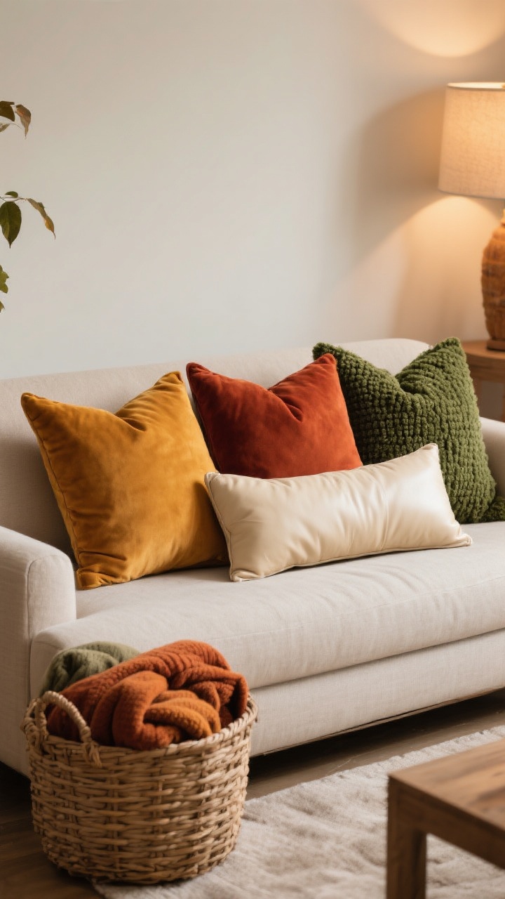 Medium living room sofa scene: autumnal throw pillow strategy with a 3-2-1 arrangement—three large pillows in ochre and rust velvet, two medium in forest green boucle, one long cream leather lumbar—on a neutral sofa. A woven basket beside the sofa holds folded throws. Warm, cozy ambient lighting, color palette locked to ochre, rust, forest green, and cream.