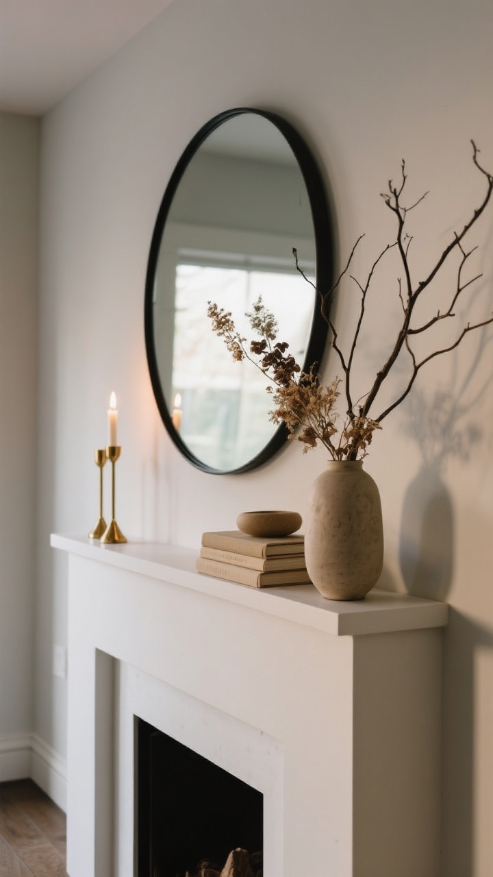 Medium mantel composition from a slight corner angle: an asymmetrical layout with a single hero piece—an oversized round mirror—paired with varying heights of elements: brass taper holder, stacked neutral books, a ceramic vase with dried florals and sculptural branches. One metallic accent in brass for warmth catching candlelight. Clean, modern, curated, evening glow.