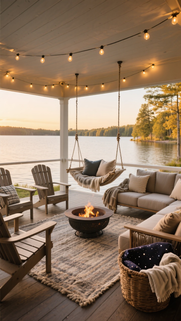 Medium outdoor room on a lakeside porch or deck: deep outdoor sofa with indoor-level comfort, Adirondack chairs with cushions, a hanging swing bed layered with pillows and throw blankets; soft-texture outdoor rugs that dry fast, string lights overhead creating warm glow, a smokeless fire pit ready for dusk; folded blankets in a basket for stargazing; golden-hour lighting with the lake in the background, three-quarter perspective.