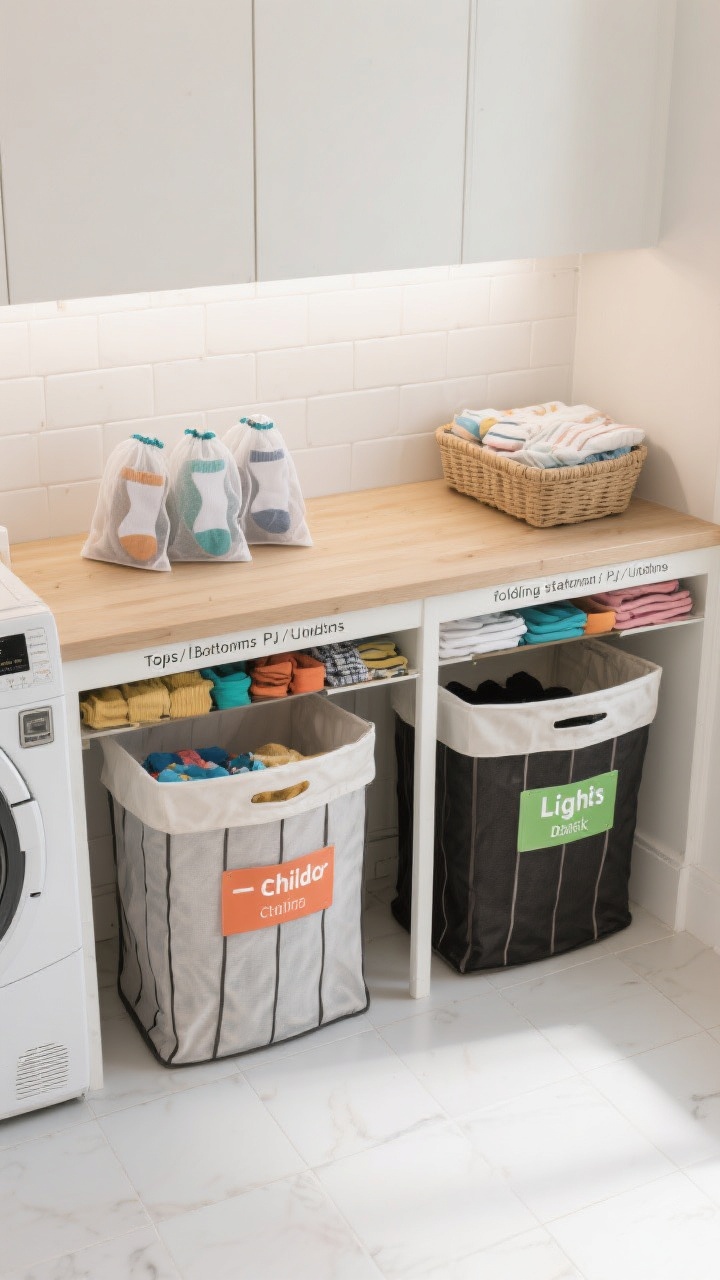 Medium overhead shot of a laundry zone: two side-by-side hampers labeled for one child, each split into lights/darks with color/icon labels for non-readers, individual mesh sock bags sitting on top, a low basket “folding station” with dividers labeled Tops/Bottoms/PJs/Undies and small stacks sorted accordingly. Clean utility room textures—white tile, light wood counter, bright even lighting, photorealistic.