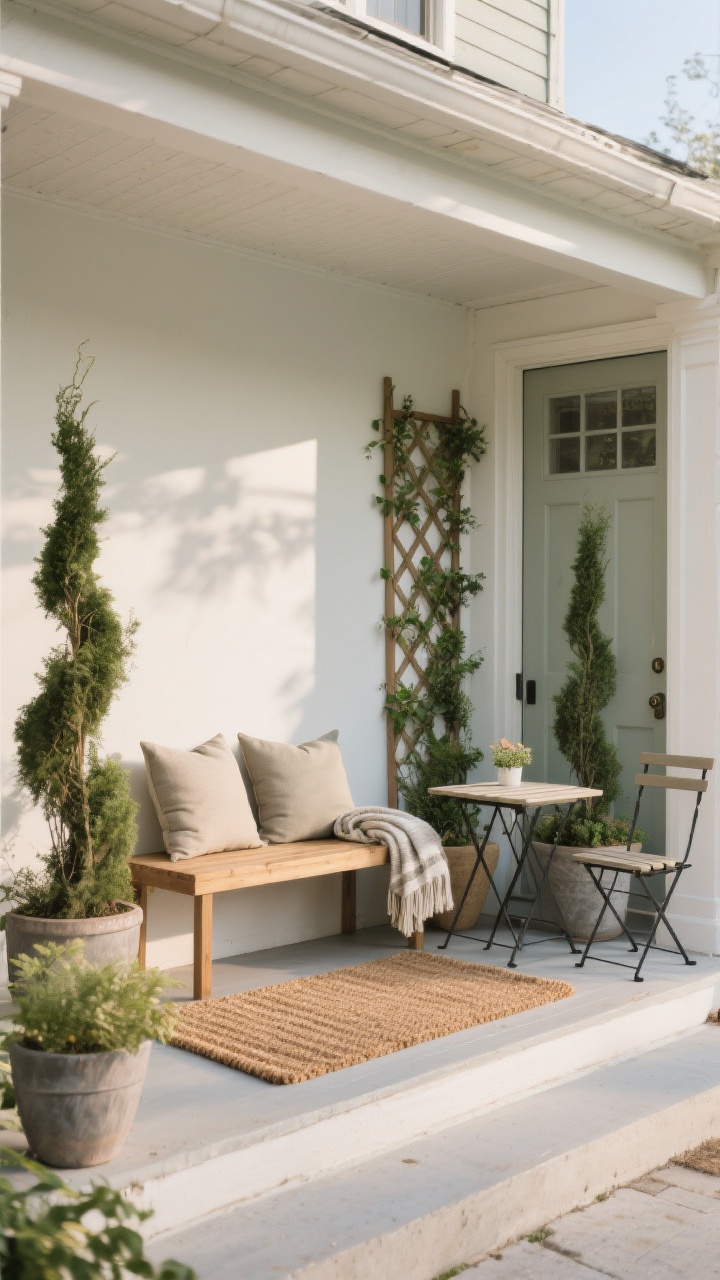 Medium porch vignette creating a “landing zone” on a small stoop: a wooden bench with two weatherproof pillows and a folded throw (under a covered area), layered underfoot with an outdoor rug topped by a coir doormat, tall planters flanking the door with varied heights in a clustered trio; add a compact bistro table with two chairs if space allows and a simple trellis or vertical garden on the blank wall; soft morning light, inviting and linger-worthy, straight-on composition.
