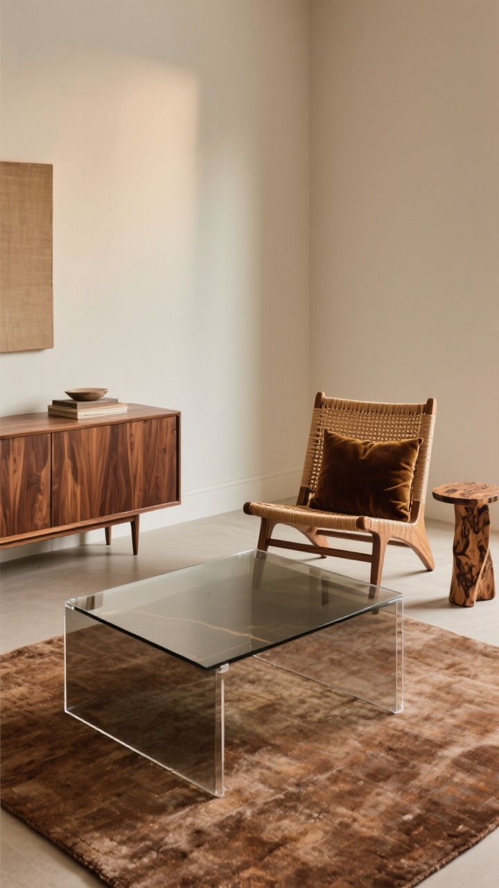 Medium room vignette: A walnut or teak credenza paired with a smoked-glass, lucite-framed coffee table over an earthy rug; a rattan lounge chair with a plush velvet cushion sits nearby; a single burl wood side table adds a quiet flex; balanced mix of earthy and sleek materials; straight-on composition with warm indoor lighting, photorealistic.