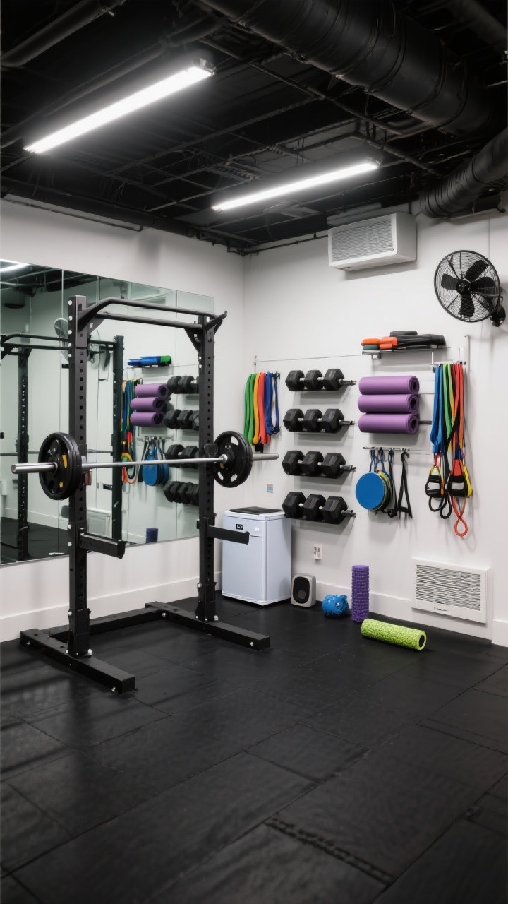 Medium shot: A basement fitness studio with black rubber flooring, full-length wall mirrors reflecting bright high-CRI LED lighting, a foldable squat rack, adjustable dumbbells on a compact rack, wall-mounted storage system neatly holding resistance bands, mats, and jump ropes; in one corner, a small recovery station with a mini fridge, foam roller, and a compact Bluetooth speaker; quiet fan and discreet dehumidifier visible, photorealistic, diagonal angle.