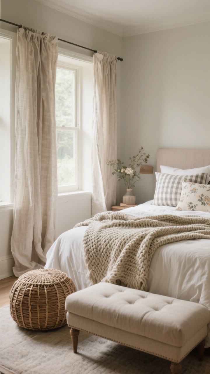Medium shot: A bedroom corner emphasizing cozy textiles—linen curtains billowing slightly, bed layered with a chunky knit throw over smooth woven blanket, pillow covers in subtle stripes, small checks, and faded florals. A woven pouf sits beside an upholstered ottoman at the foot of the bed. Soft morning light for a relaxed, nap-inviting mood. Photorealistic, straight-on.