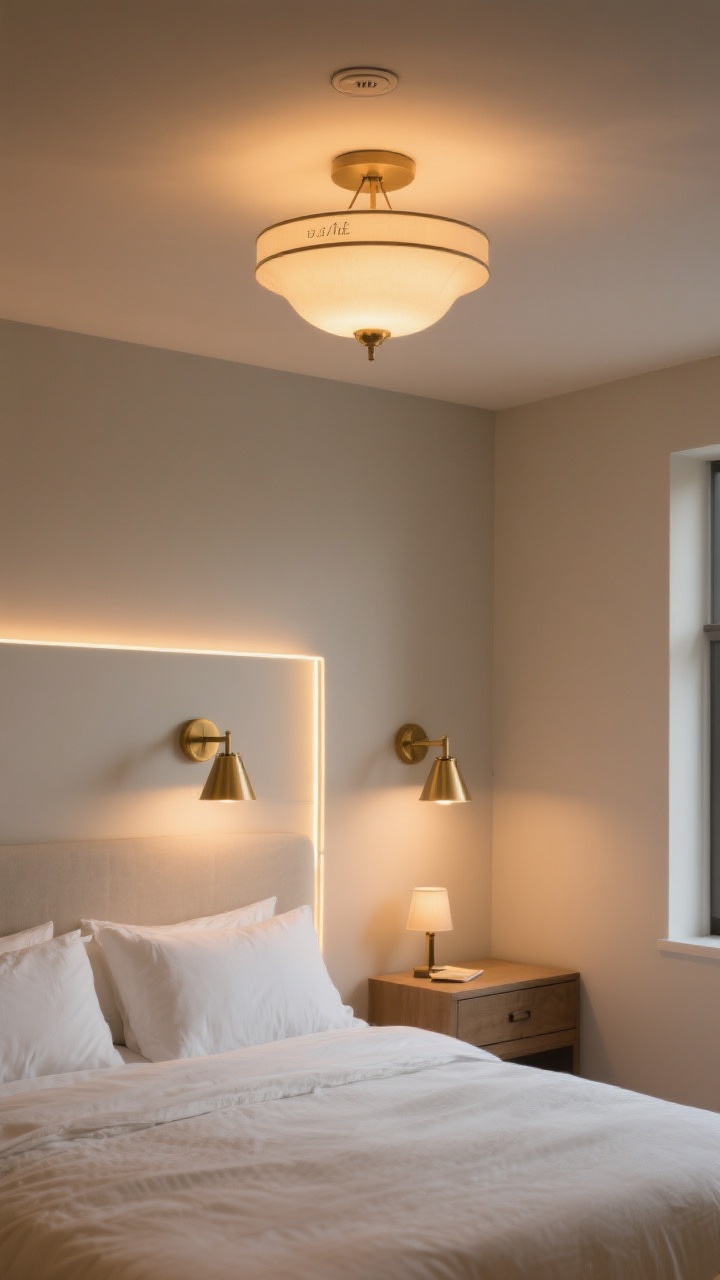 Medium shot: A bedroom corner illustrating the lighting triangle—an overhead semi-flush fixture on a dimmer casting warm 2700K glow, adjustable brass wall sconces aimed downward for reading on either side of the headboard, and an accent glow from an LED strip softly backlighting the headboard, with a tiny table lamp on a dresser providing ambient warmth; no harsh light, skin-friendly warmth.