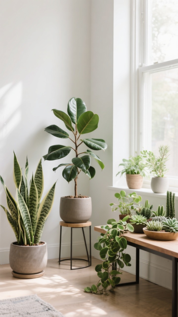 Medium shot: A bright corner with layered plants for life and texture—ZZ plant and snake plant in matte ceramic planters for low light, a rubber plant in a raised stand near a window for bright light, and a tabletop arrangement of succulents and peperomia; varied heights and planter styles, photorealistic greenery with gentle natural light and clean shadows