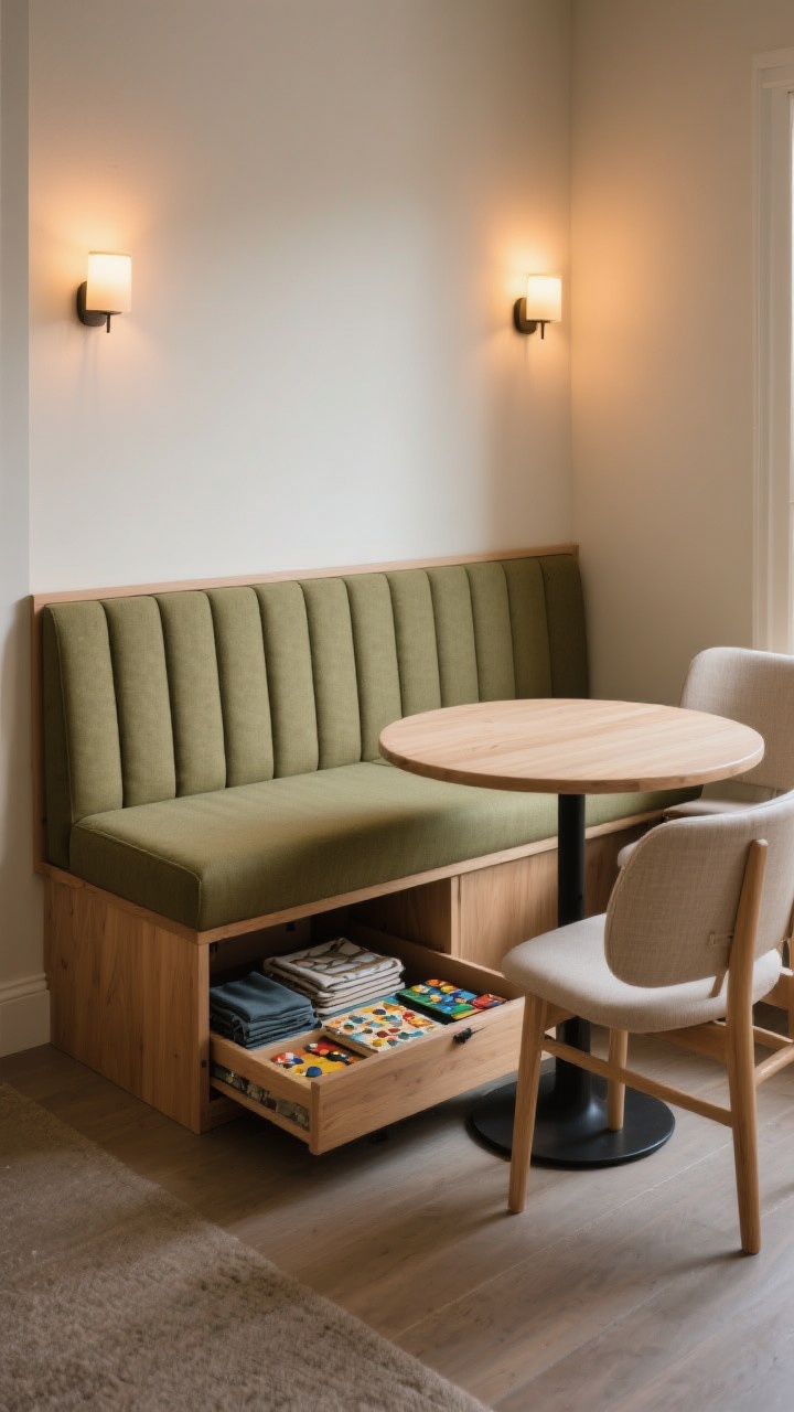 Medium shot: A built-in storage banquette hugging the wall in a compact dining nook, upholstered in performance fabric in a soft olive tone. The seat lifts partially open to reveal hidden storage, with neatly folded placemats and board games inside. A backless wood bench slides under a small round table on the opposite side; two slim armless, low-back chairs in light wood and linen flank the scene. Warm, cozy evening lighting from nearby sconces; focus on efficient seating that keeps the walkway clear.