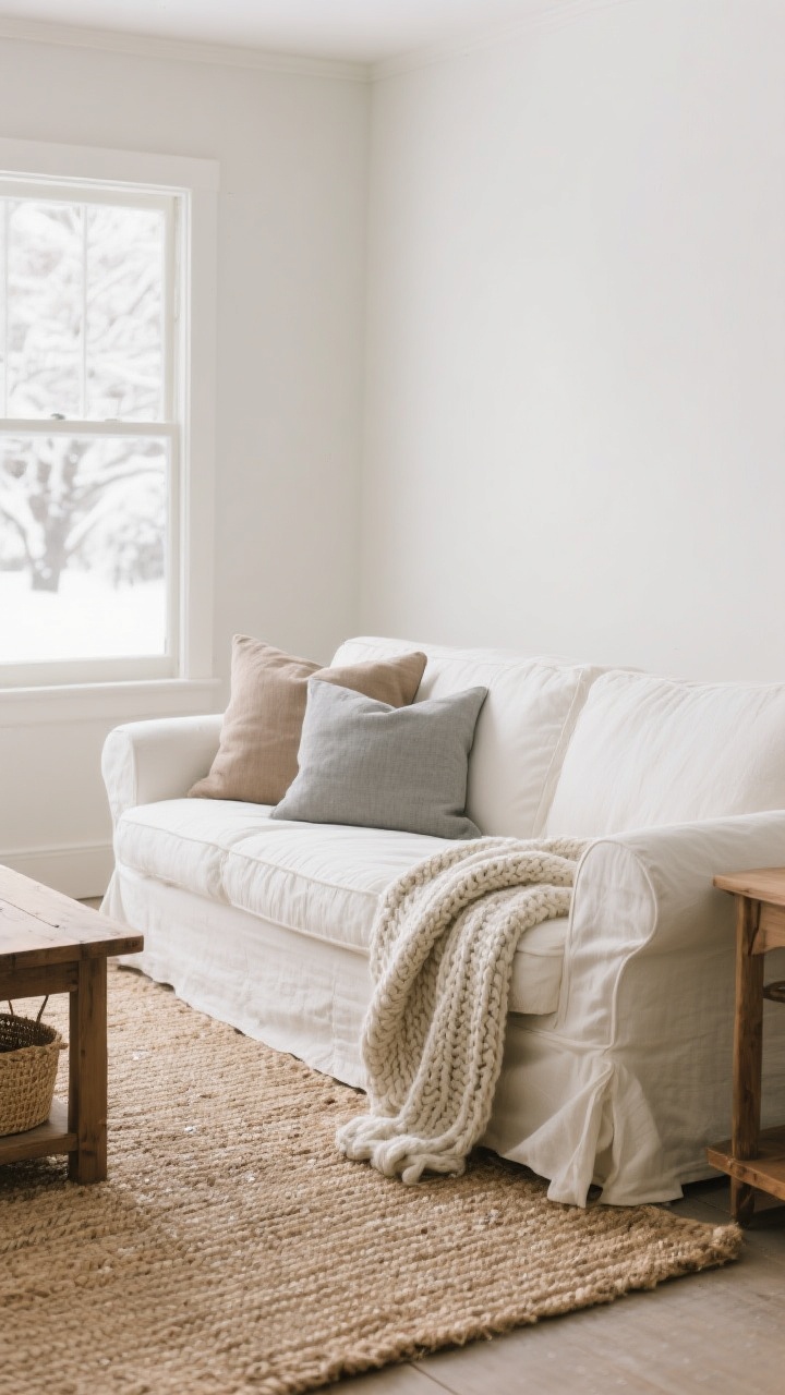 Medium shot — A calm, airy farmhouse living room corner with a linen slipcovered sofa in ivory, layered with taupe and soft gray pillows, a chunky knit throw draped casually, and a natural jute woven rug anchoring the space; light neutral walls, warm wood side table, soft natural daylight filtering in, textures emphasized: linen, cotton, knit, jute; no bold colors, just ivory, taupe, soft gray; mood: cozy, quiet, snow-day calm.