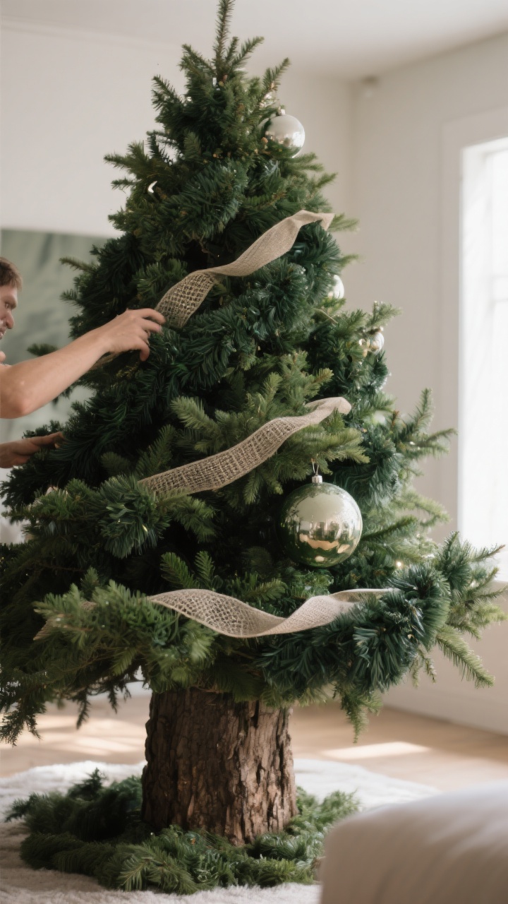 Medium shot: A Christmas tree being fluffed and visually filled—branches fully separated and shaped; inner gaps packed with deep green garlands and faux greenery picks for bulk; large ornaments nestled close to the trunk to add depth; the trunk subtly wrapped in neutral mesh ribbon to blur empty spots; cozy indoor light with gentle shadows, photorealistic, no people.