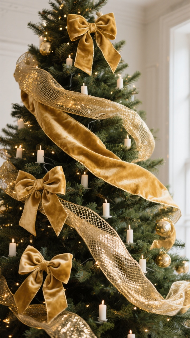 Medium shot: A Christmas tree section styled with luxe gold ribbons doing the heavy lifting—one wide (3-inch) velvet ribbon with a gold edge layered under a narrower metallic gold mesh ribbon. Show 3–4 foot strips cascading in a loose S-shaped waterfall from top to bottom, plus a few oversized bows nestled at varying heights. Keep the look “perfectly imperfect” with gentle tucks, wired edges softly bending around branches. Warm white tree lights create a soft, candlelit glow on the satin and velvet textures. Photorealistic, angled view to emphasize drape and dimension.