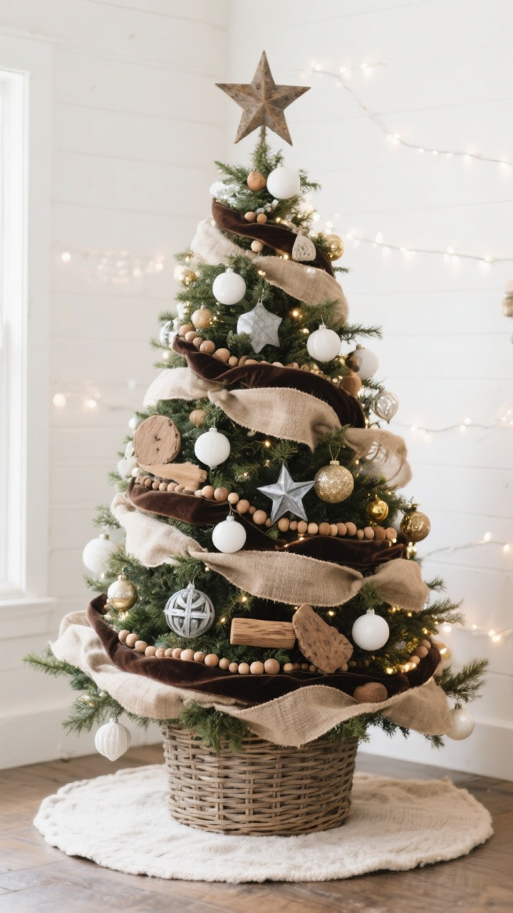 Medium shot — A Christmas tree styled in pure farmhouse classics: base set in a woven basket acting as the tree skirt, layered garlands of burlap ribbon, wood beads, and thin velvet strips; ornaments mixing matte white bulbs, galvanized metal shapes, felt accents, raw wood pieces, and a few vintage glass ornaments; topped with a rustic star; palette of white, wood, greenery, and a hint of brass under soft warm white tree lights.